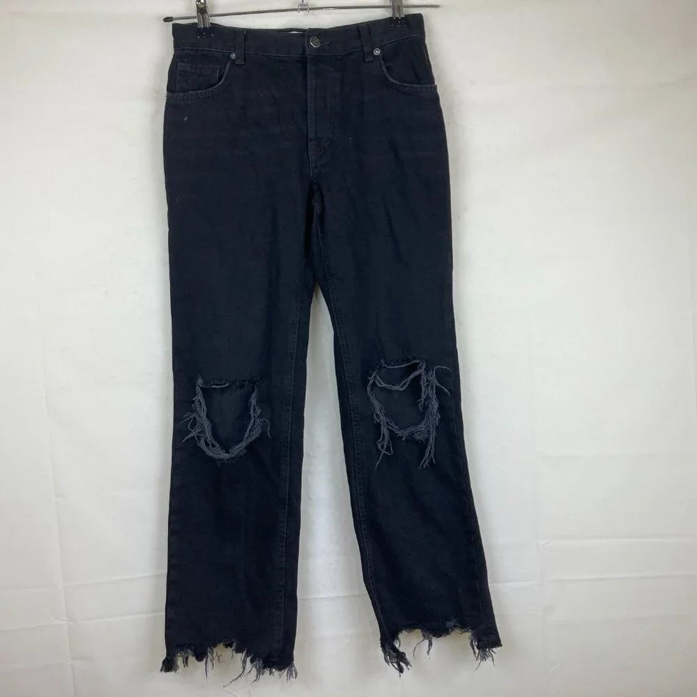 FREE PEOPLE Sz 25 Maggie Black Distressed Jeans Raw Hem Button Fly Mid Rise‎